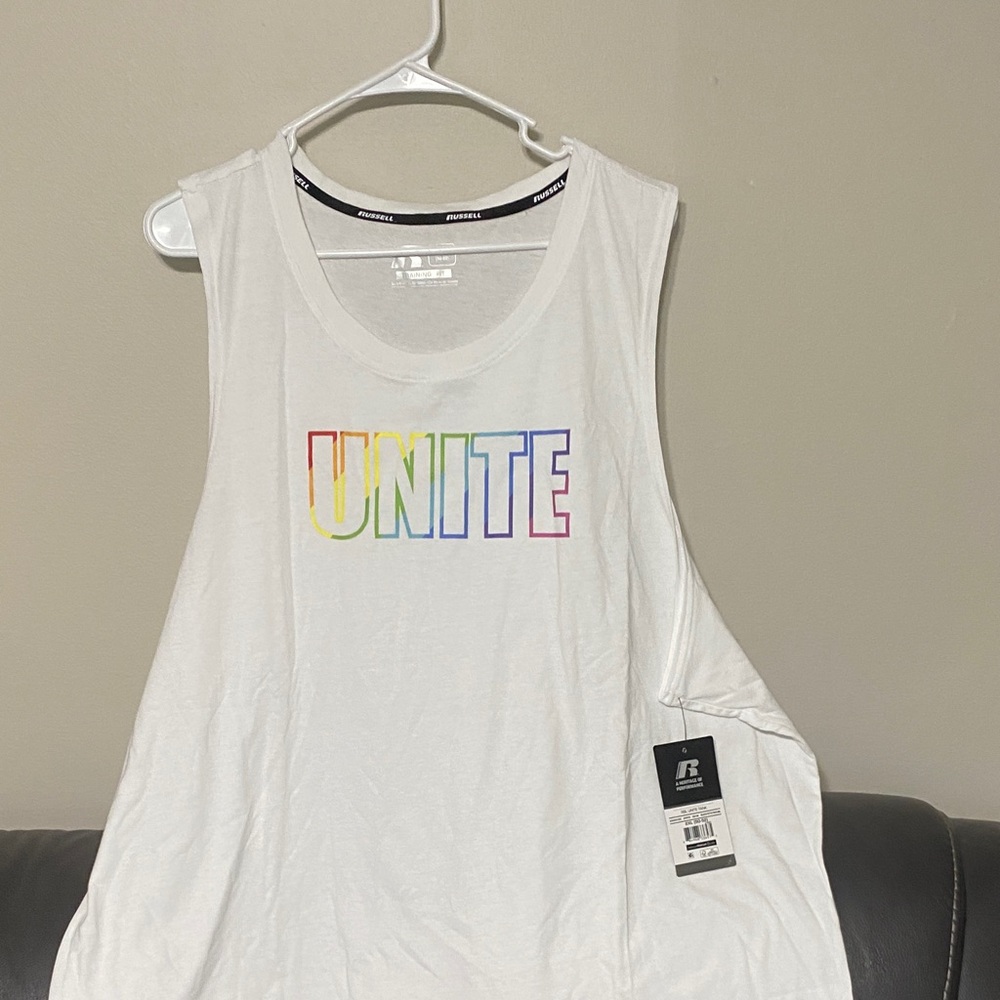 Russell Athletic White Tank Top with Rainbow Unite Print